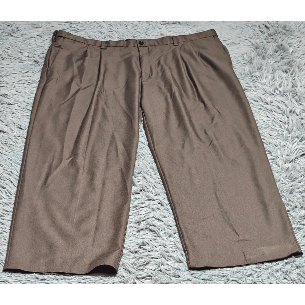 Haggar Dress Pants Mens Size 44x26 Hemmed Brown Polyester Pleated Front Slacks